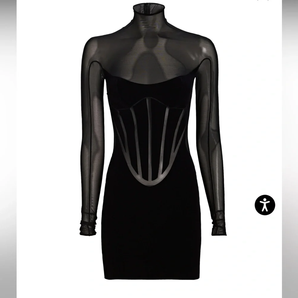 MUGLER X WOLFORD Semi Sheer Corset Paneled Black Mini Dress NWT Flocked - Picture 5 of 5